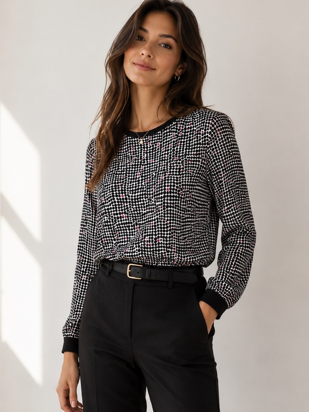 Ann Taylor Black White Pink Print Long Sleeve Blouse XS
